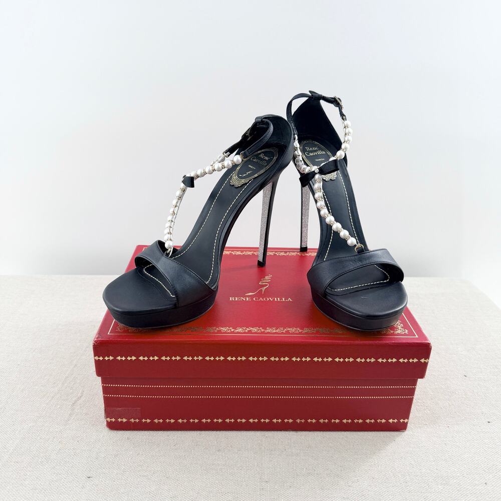 NWT Rene Caovilla Bead & Bow T-Strap Platform Sandals Black Women's Size EU 40